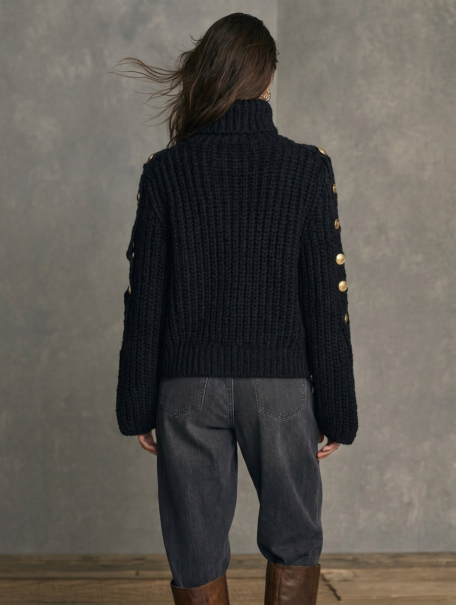 Women's Casual Black Long-sleeve Turtleneck Knit Sweater