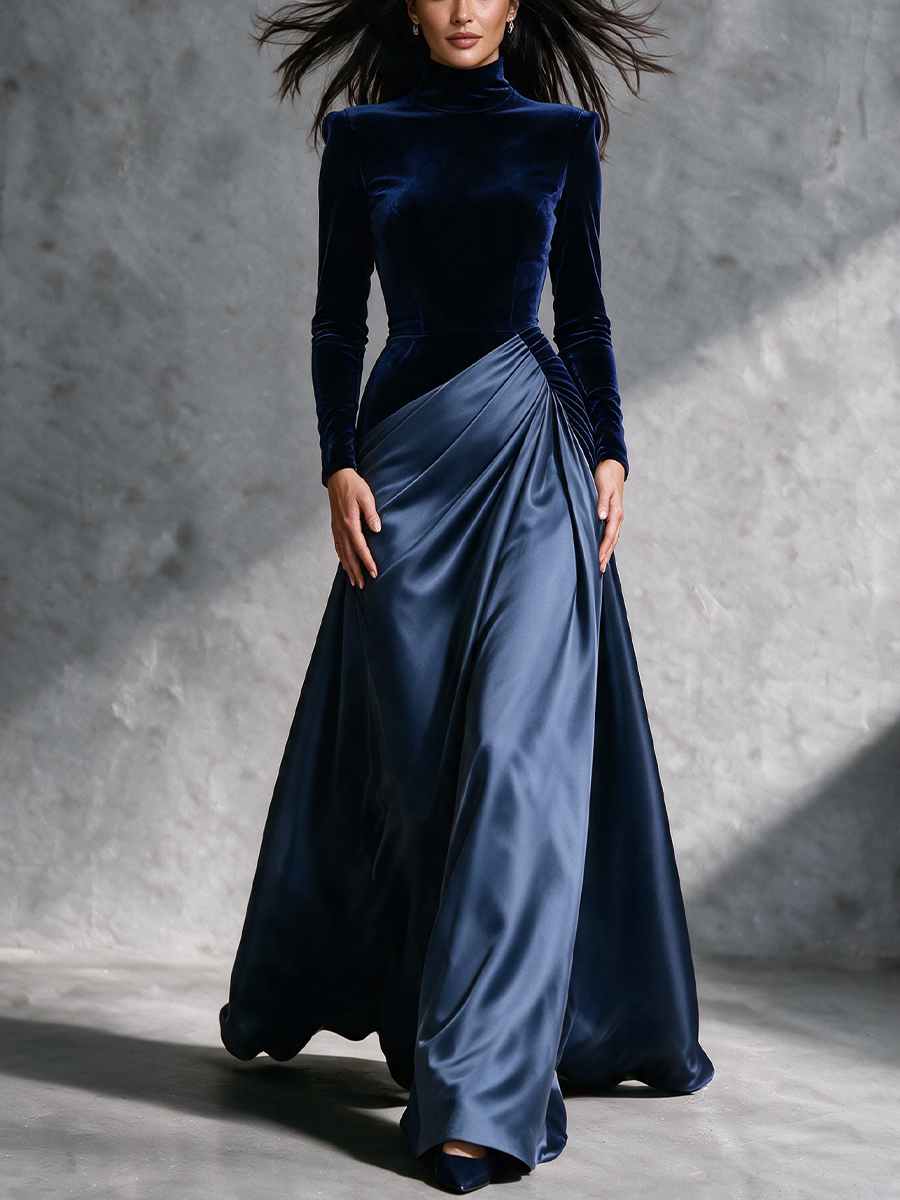 Women's Velvet & Satin Panel High Neck Evening Maxi Dress