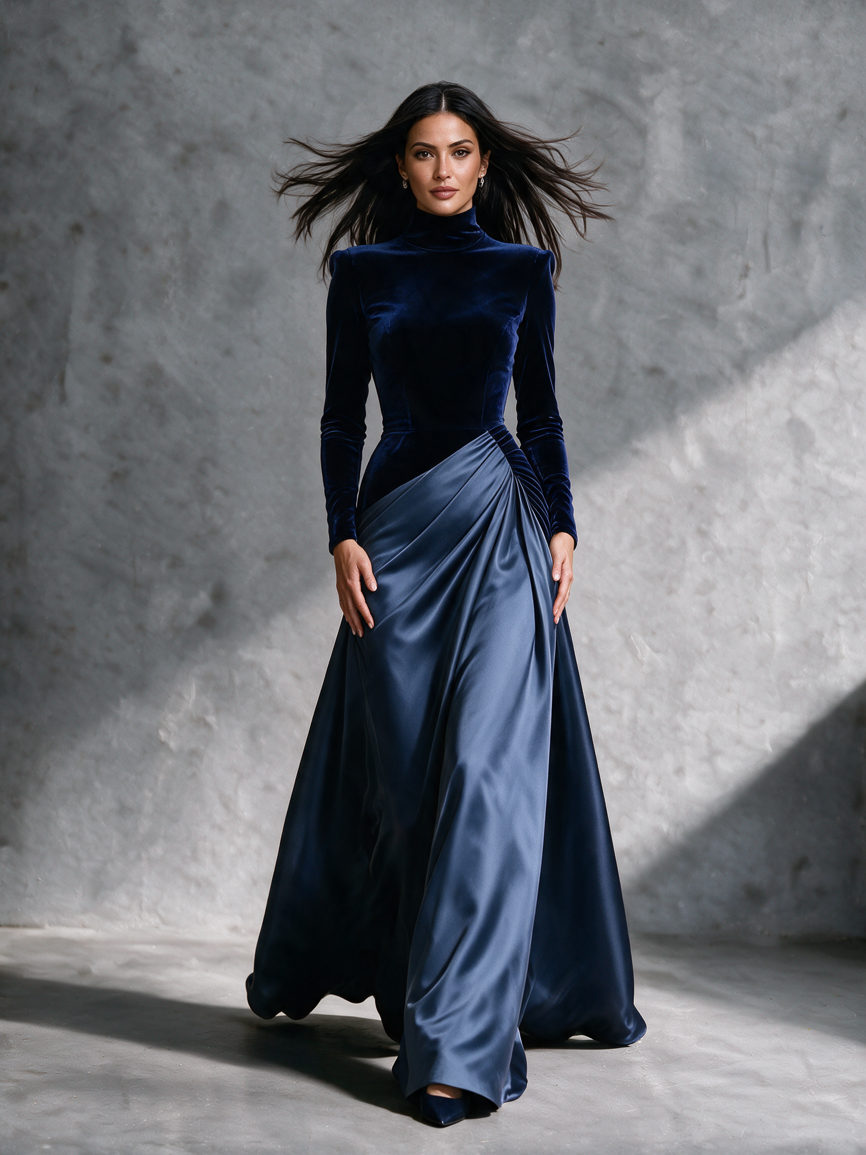Women's Velvet & Satin Panel High Neck Evening Maxi Dress