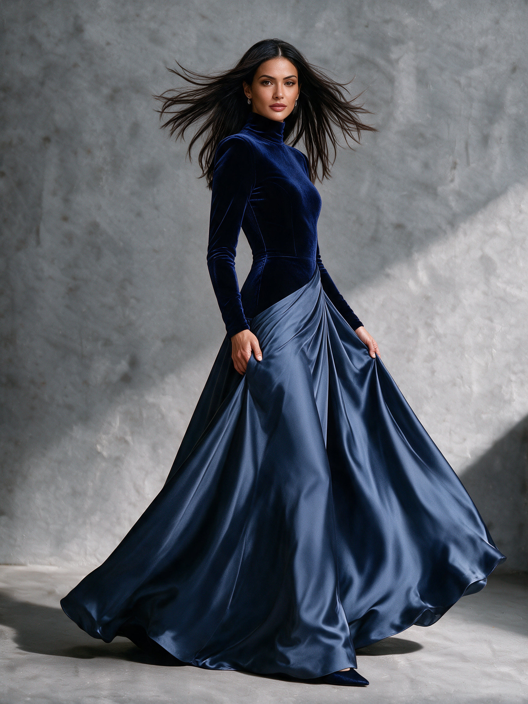Women's Velvet & Satin Panel High Neck Evening Maxi Dress