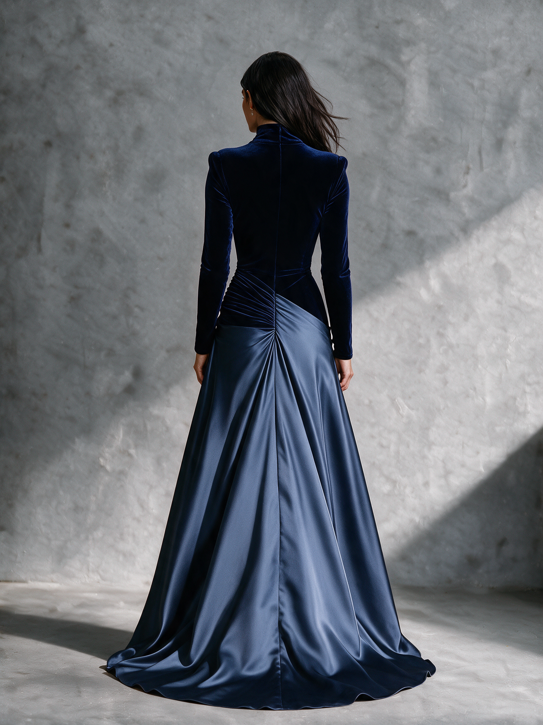 Women's Velvet & Satin Panel High Neck Evening Maxi Dress
