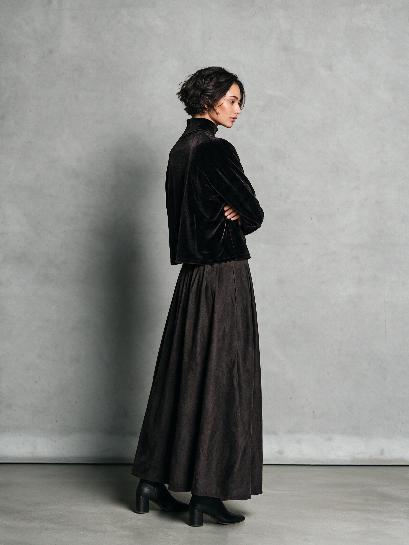 Women's Slim Velvet Top & Black Maxi Skirt Two-Piece Set