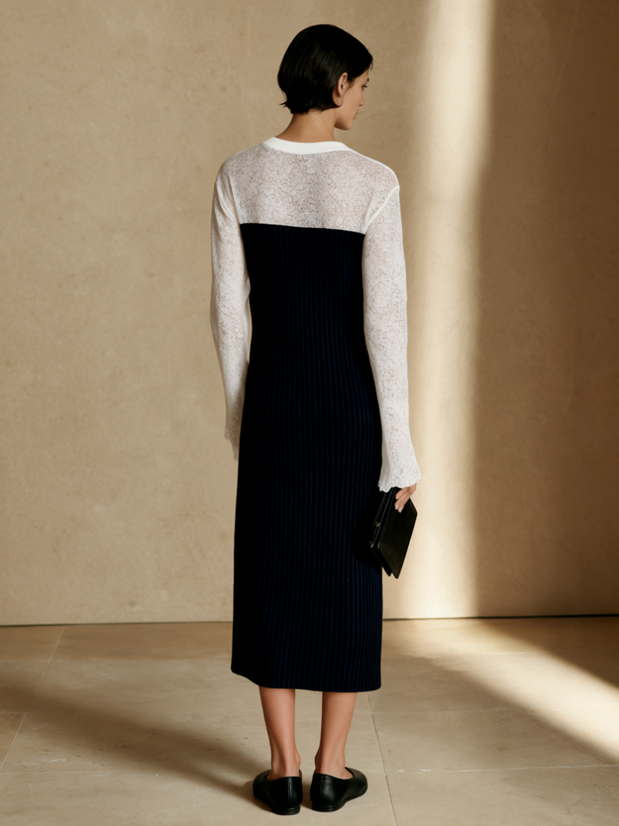 Women's Color-Blocked Lace Panel Knit Midi Dress