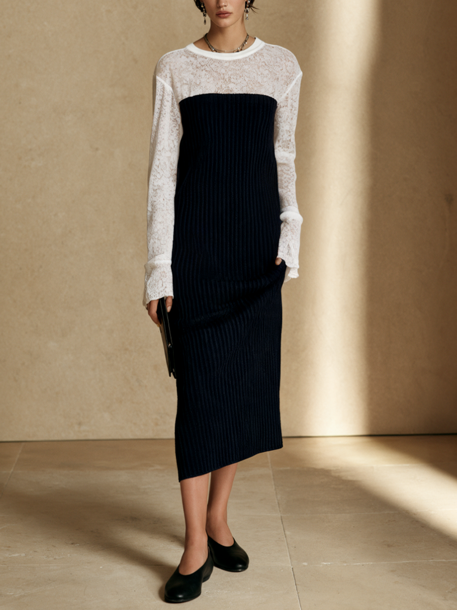 Women's Color-Blocked Lace Panel Knit Midi Dress