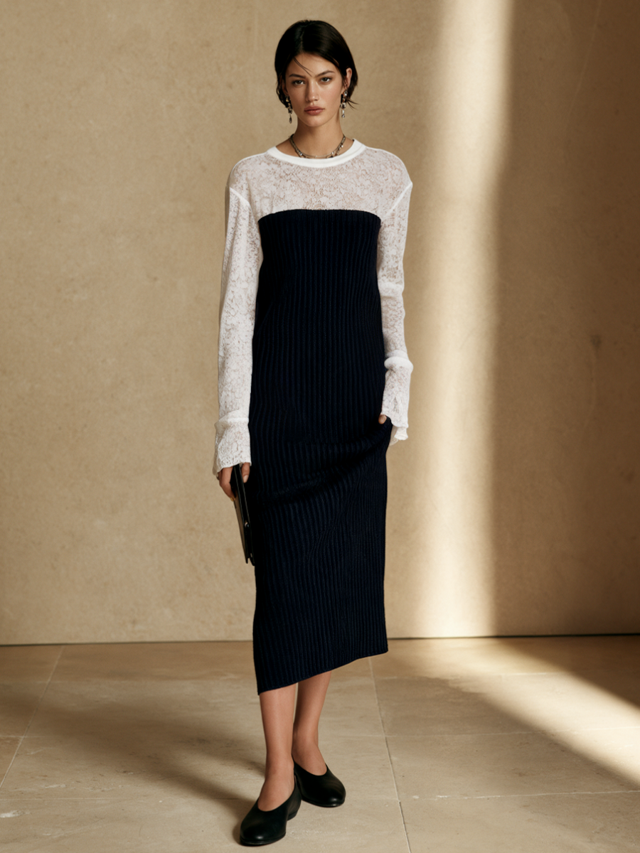 Women's Color-Blocked Lace Panel Knit Midi Dress