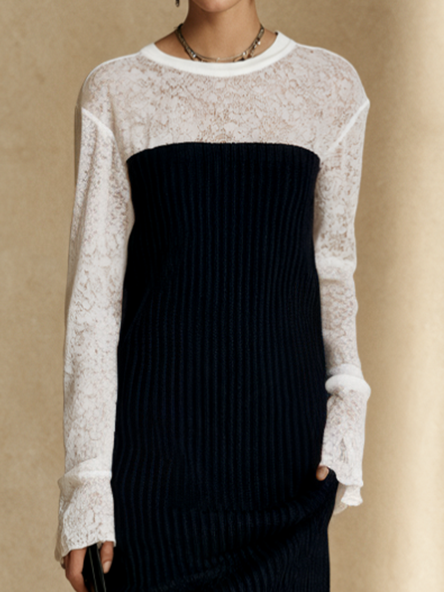 Women's Color-Blocked Lace Panel Knit Midi Dress