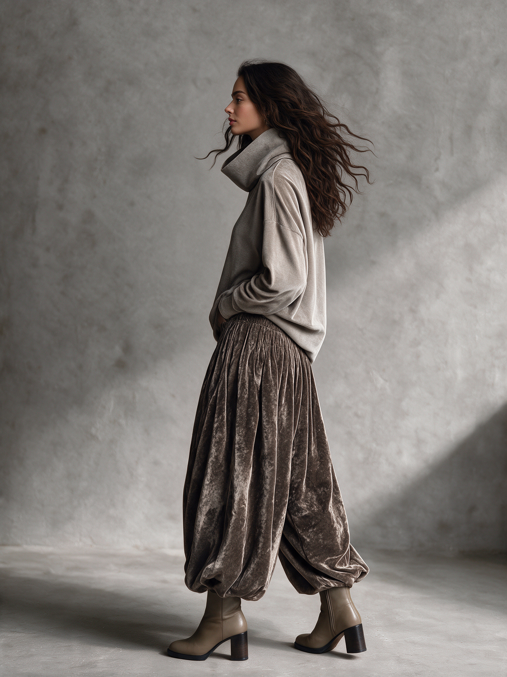 Women's Velvet Turtleneck & Vintage Balloon Pants Two-Piece Set