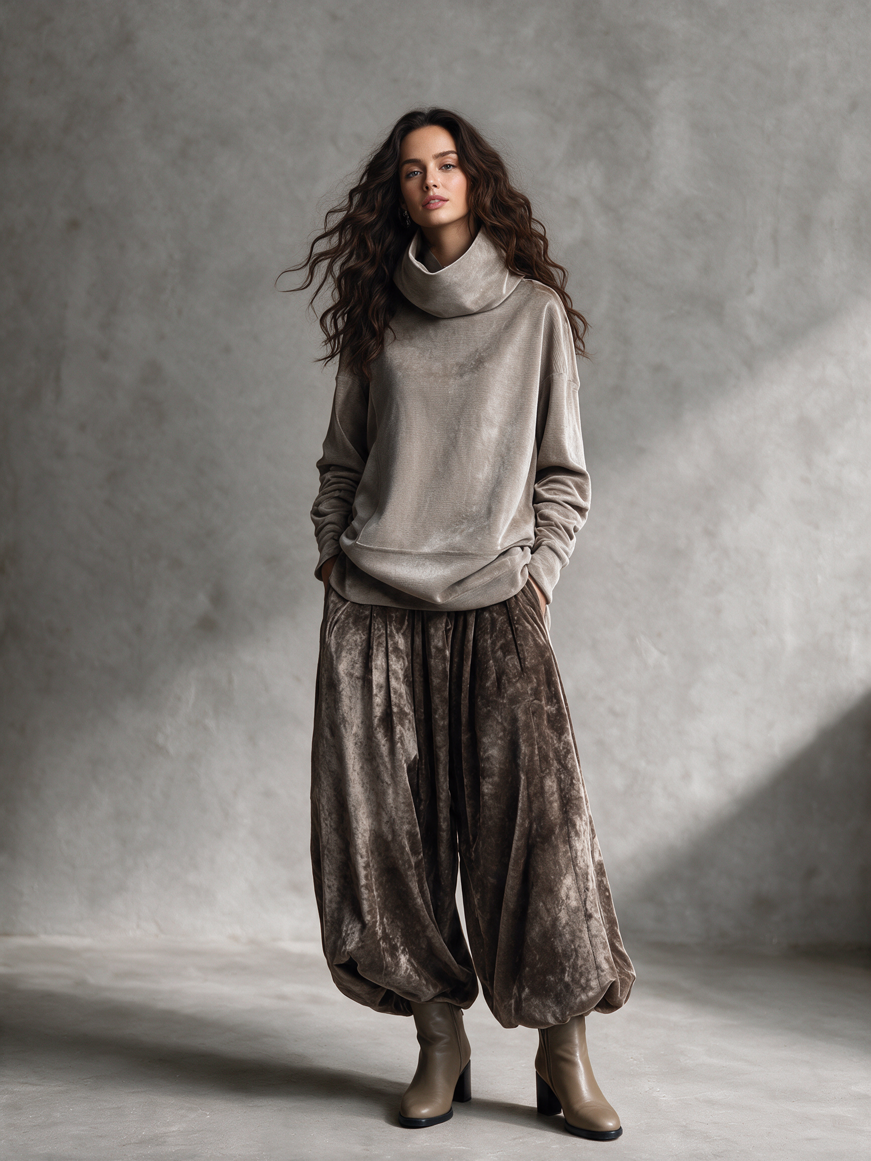 Women's Velvet Turtleneck & Vintage Balloon Pants Two-Piece Set