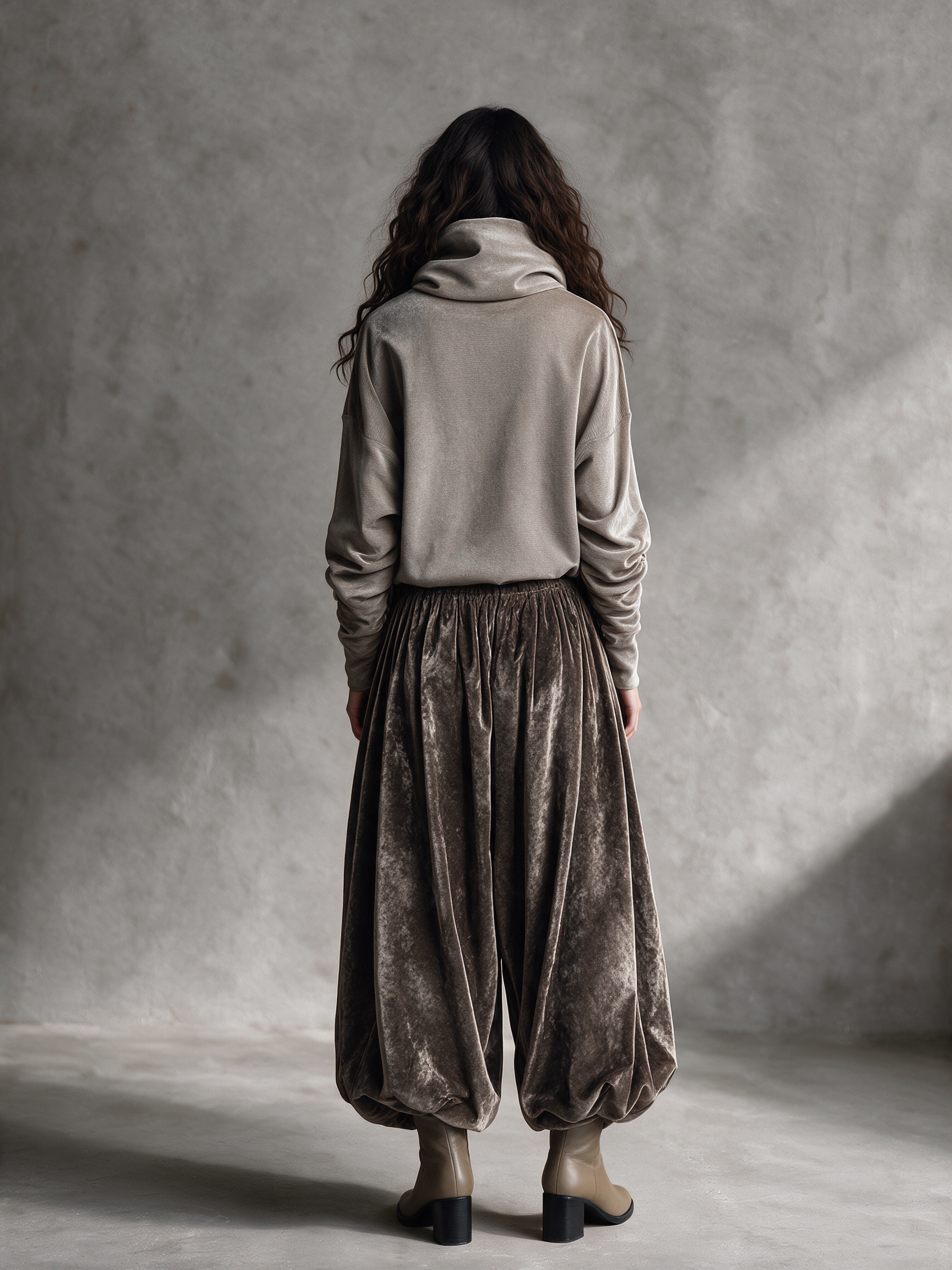Women's Velvet Turtleneck & Vintage Balloon Pants Two-Piece Set