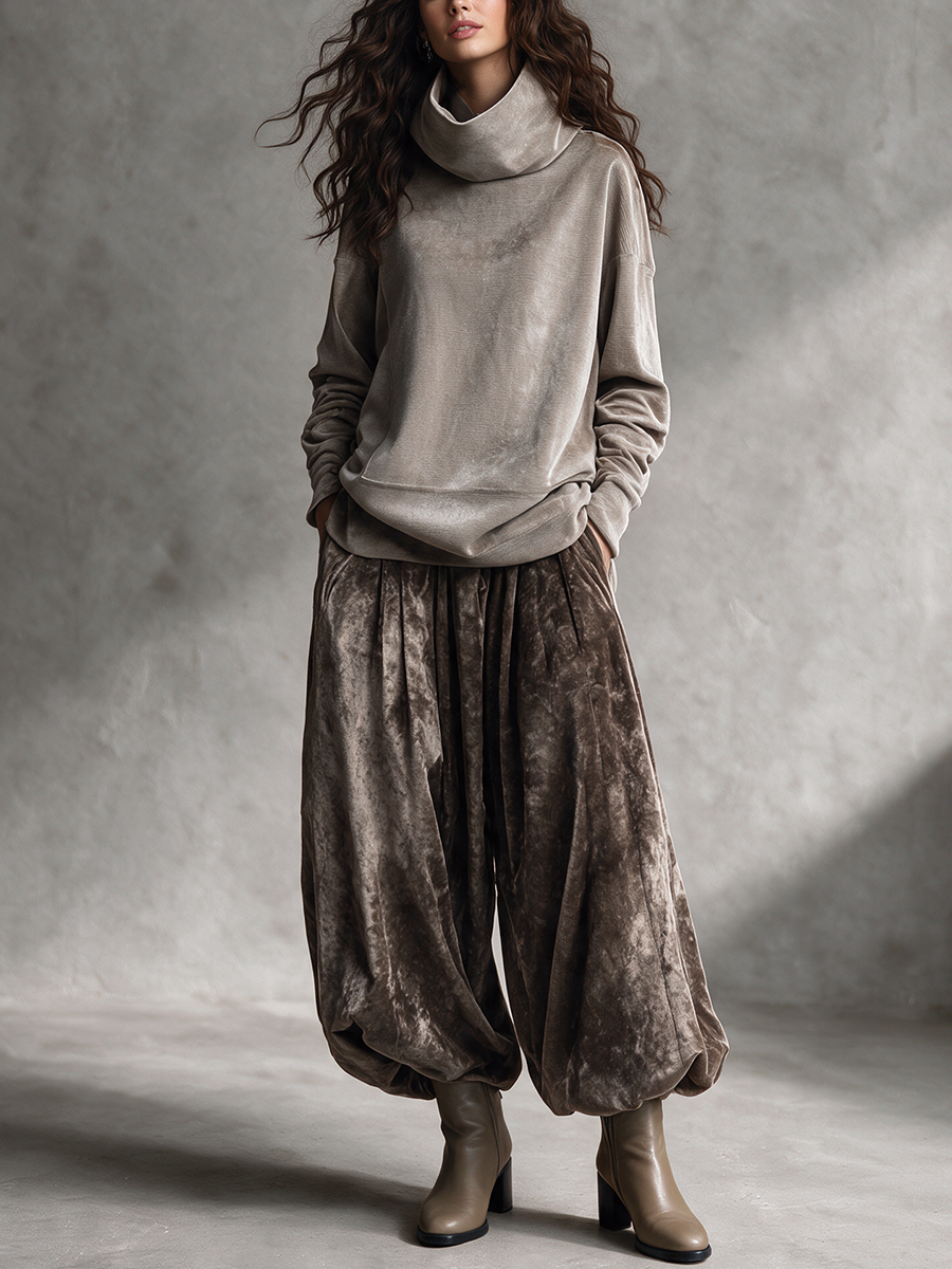 Women's Velvet Turtleneck & Vintage Balloon Pants Two-Piece Set