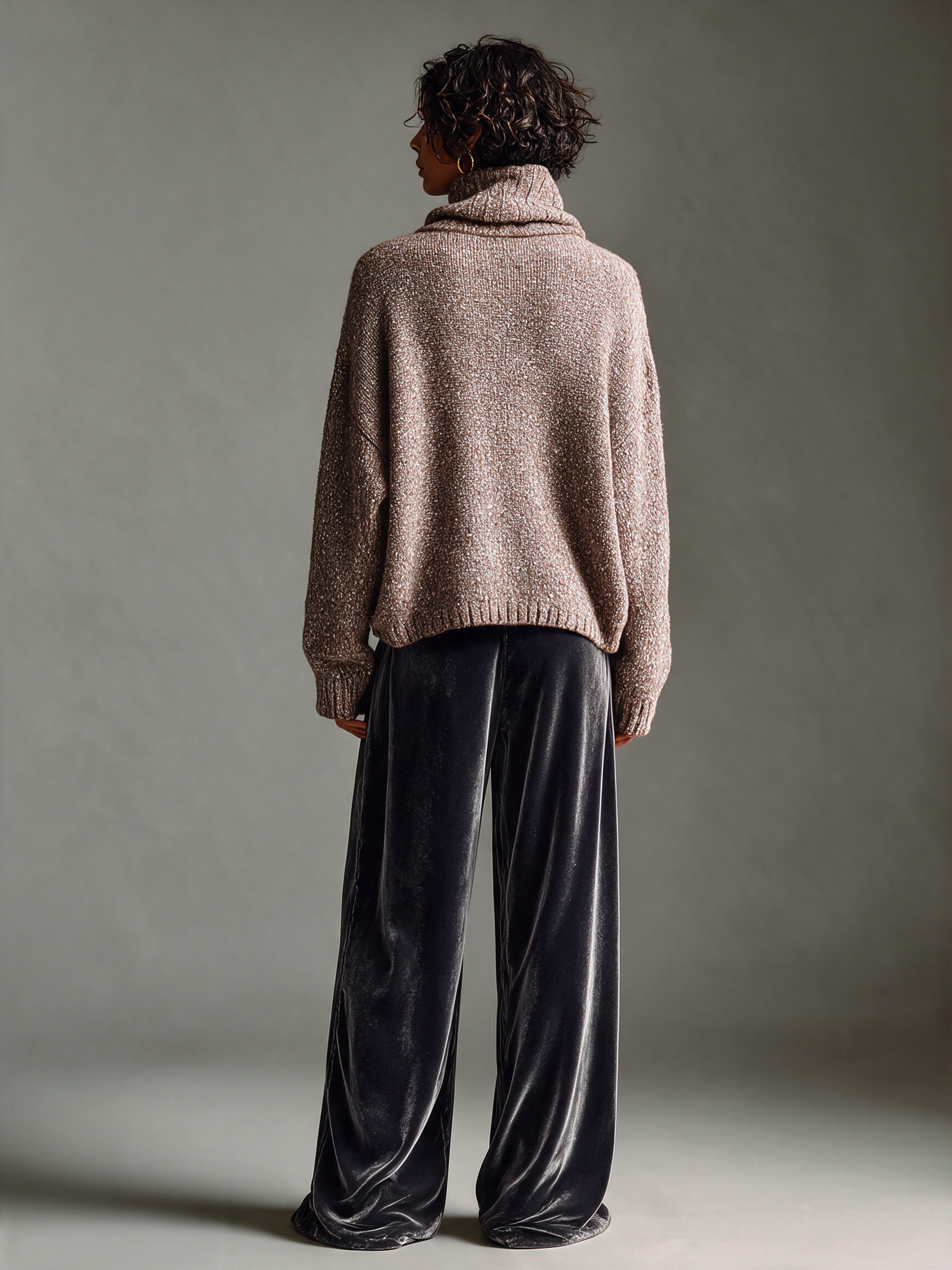 Women's Marled Knit Turtleneck & Velvet Wide Leg Pants Two-Piece Set