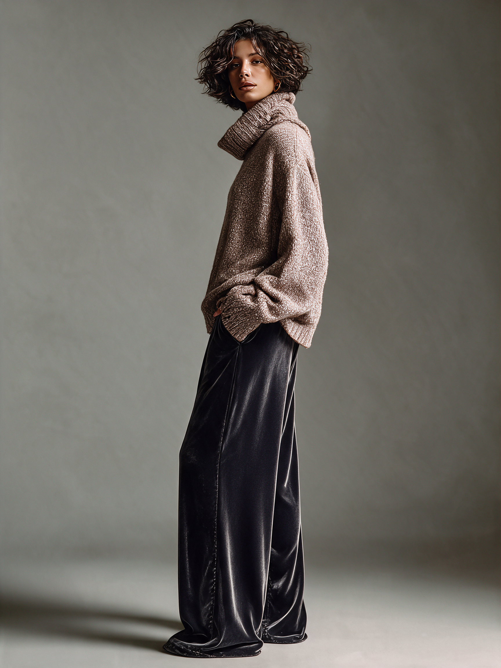 Women's Marled Knit Turtleneck & Velvet Wide Leg Pants Two-Piece Set