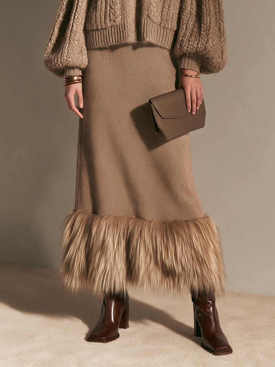 Women's High-Waisted Fur-Trim Hem Wool-Knit Straight Maxi Skirt