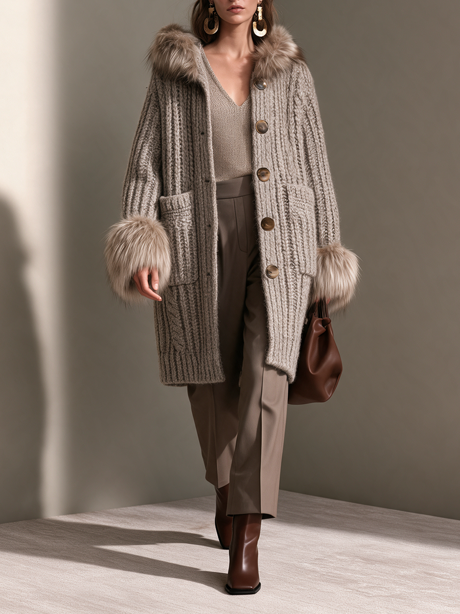Women's Fur-Collar Fur-Cuff Button-Front Cable Wool-Knit Longline Cardigan