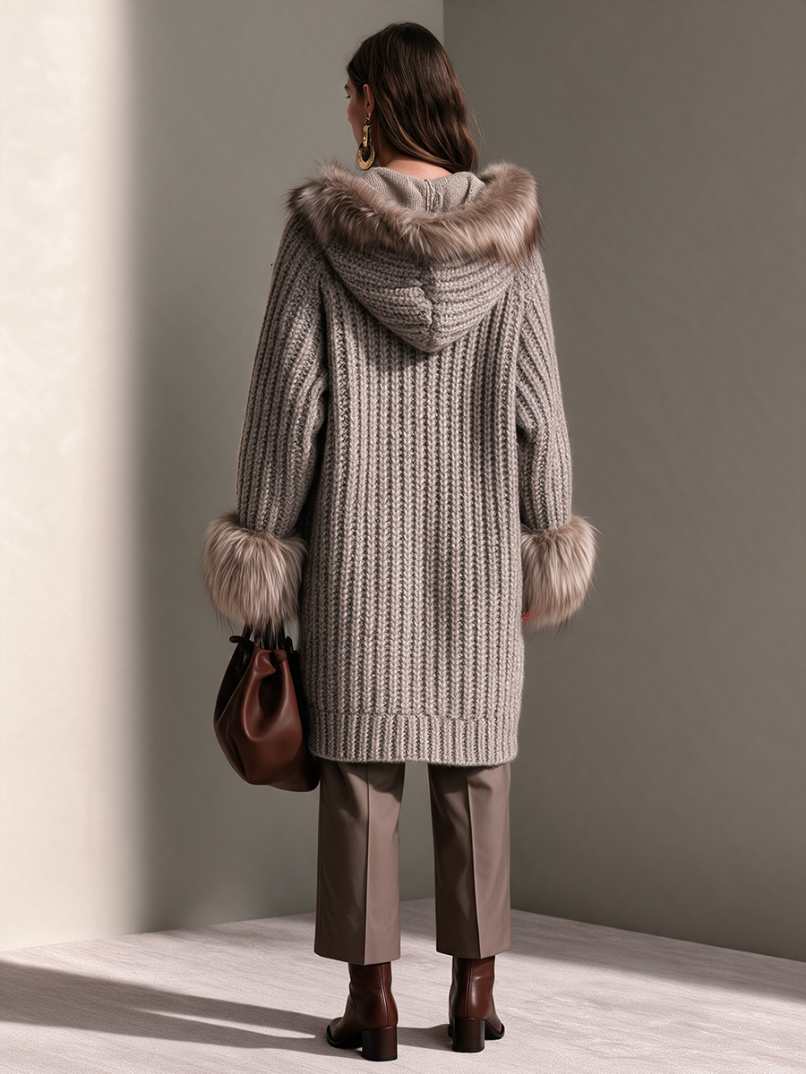 Women's Fur-Collar Fur-Cuff Button-Front Cable Wool-Knit Longline Cardigan