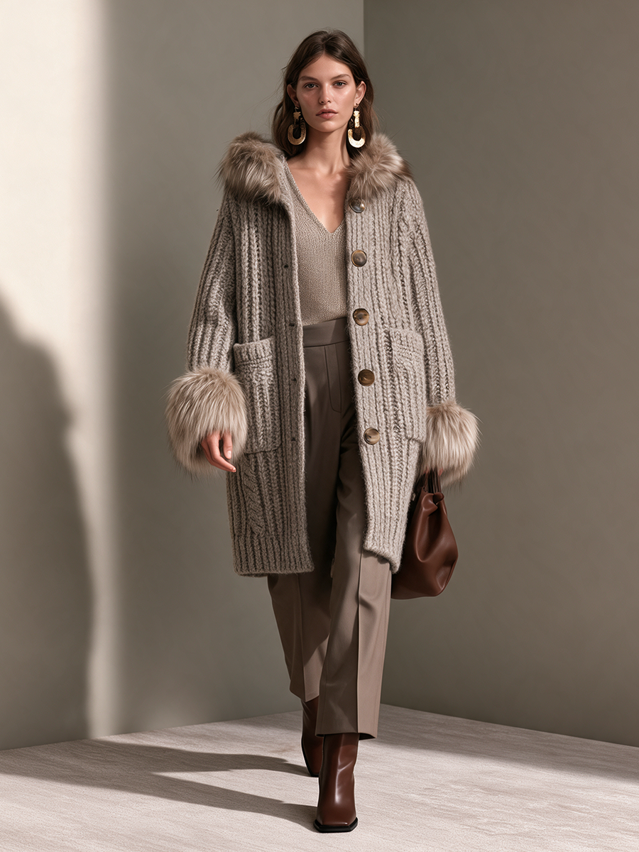 Women's Fur-Collar Fur-Cuff Button-Front Cable Wool-Knit Longline Cardigan