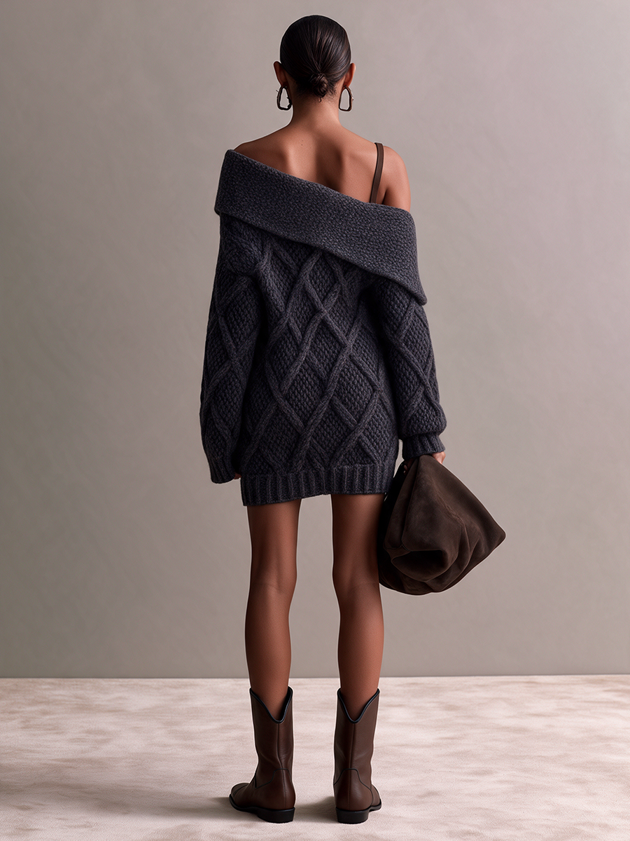 Women's Wide-Foldover-Collar Off-Shoulder Drop-Shoulder Cable-Knit Chunky Mini Sweater Dress