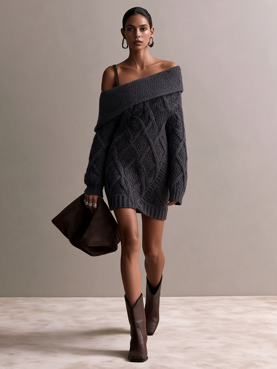 Women's Wide-Foldover-Collar Off-Shoulder Drop-Shoulder Cable-Knit Chunky Mini Sweater Dress
