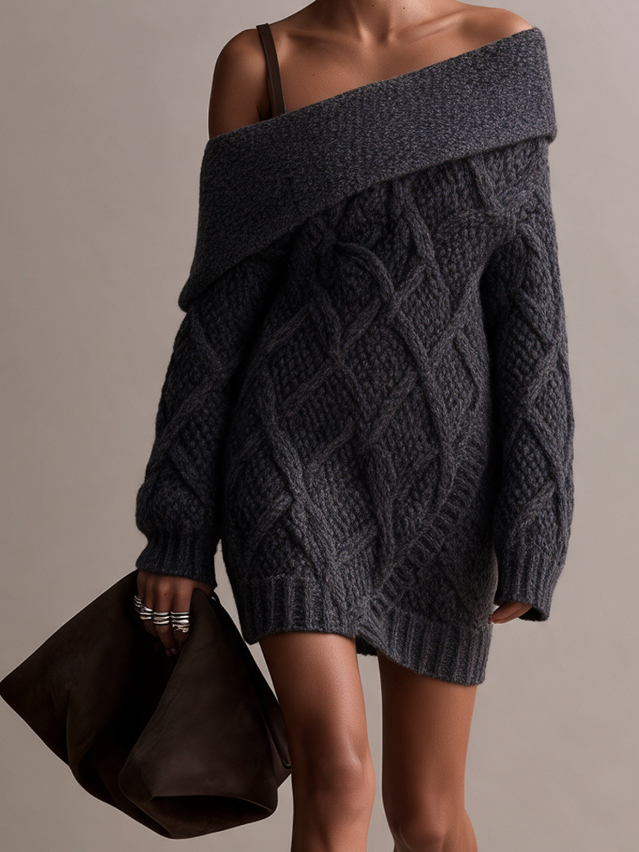 Women's Wide-Foldover-Collar Off-Shoulder Drop-Shoulder Cable-Knit Chunky Mini Sweater Dress