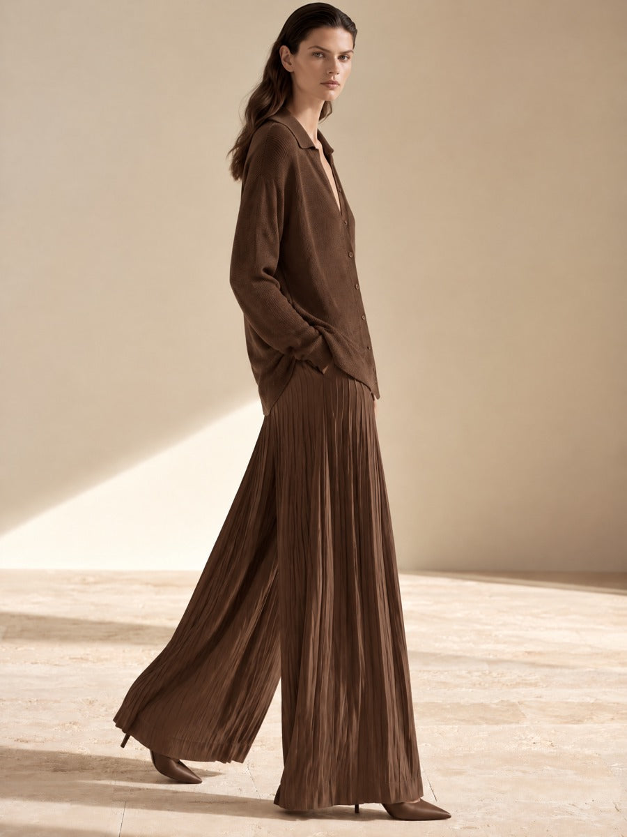 Women's Relaxed Knit Pleated Set Brown Office Wear
