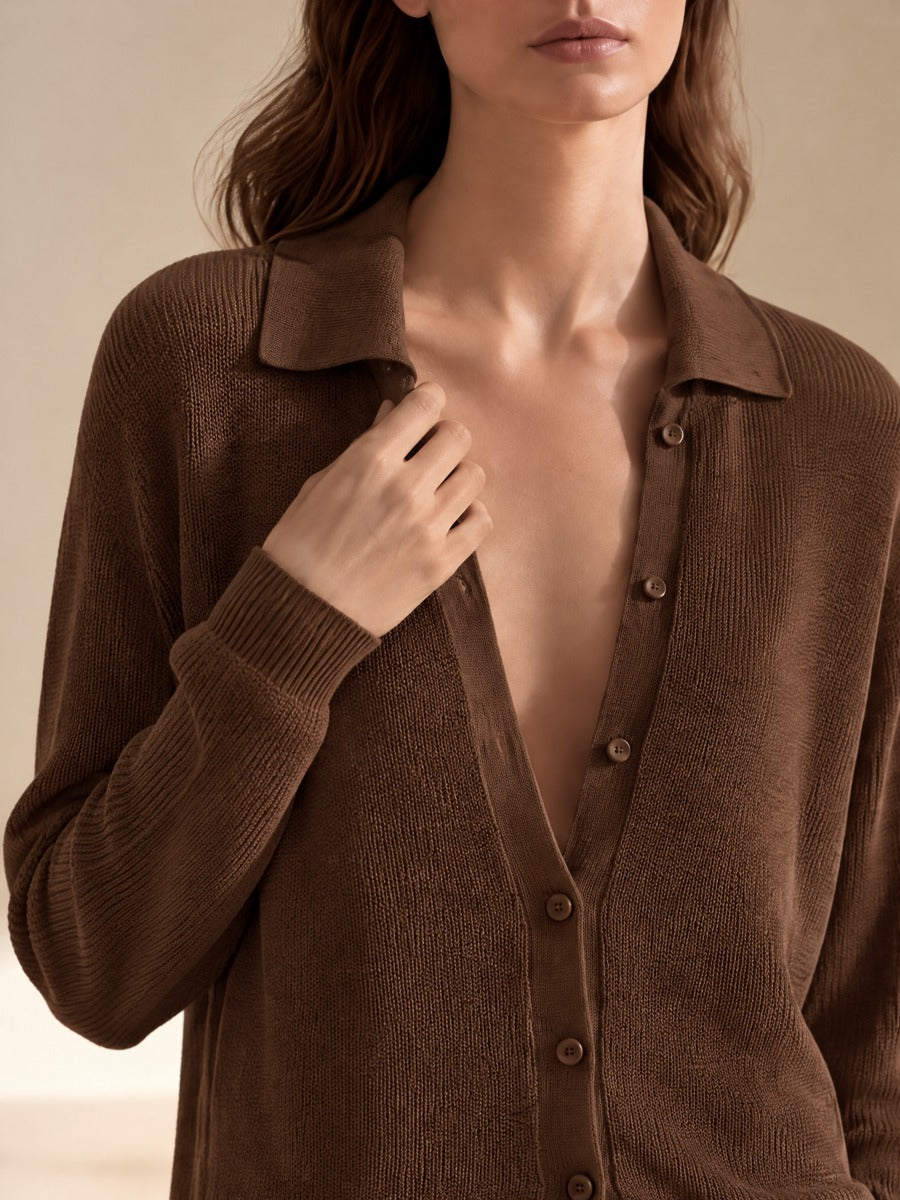 Women's Relaxed Knit Pleated Set Brown Office Wear