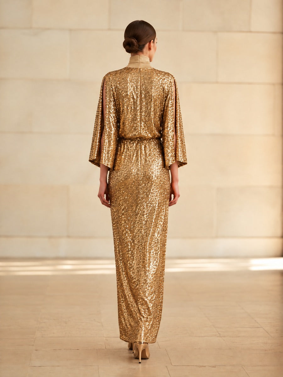 Women's Sequin Cape Sleeve Maxi Dress Gold Evening Gown