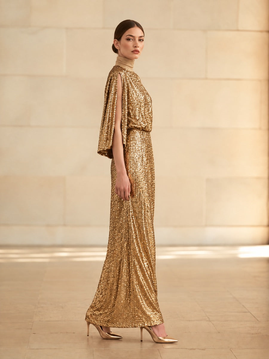 Women's Sequin Cape Sleeve Maxi Dress Gold Evening Gown