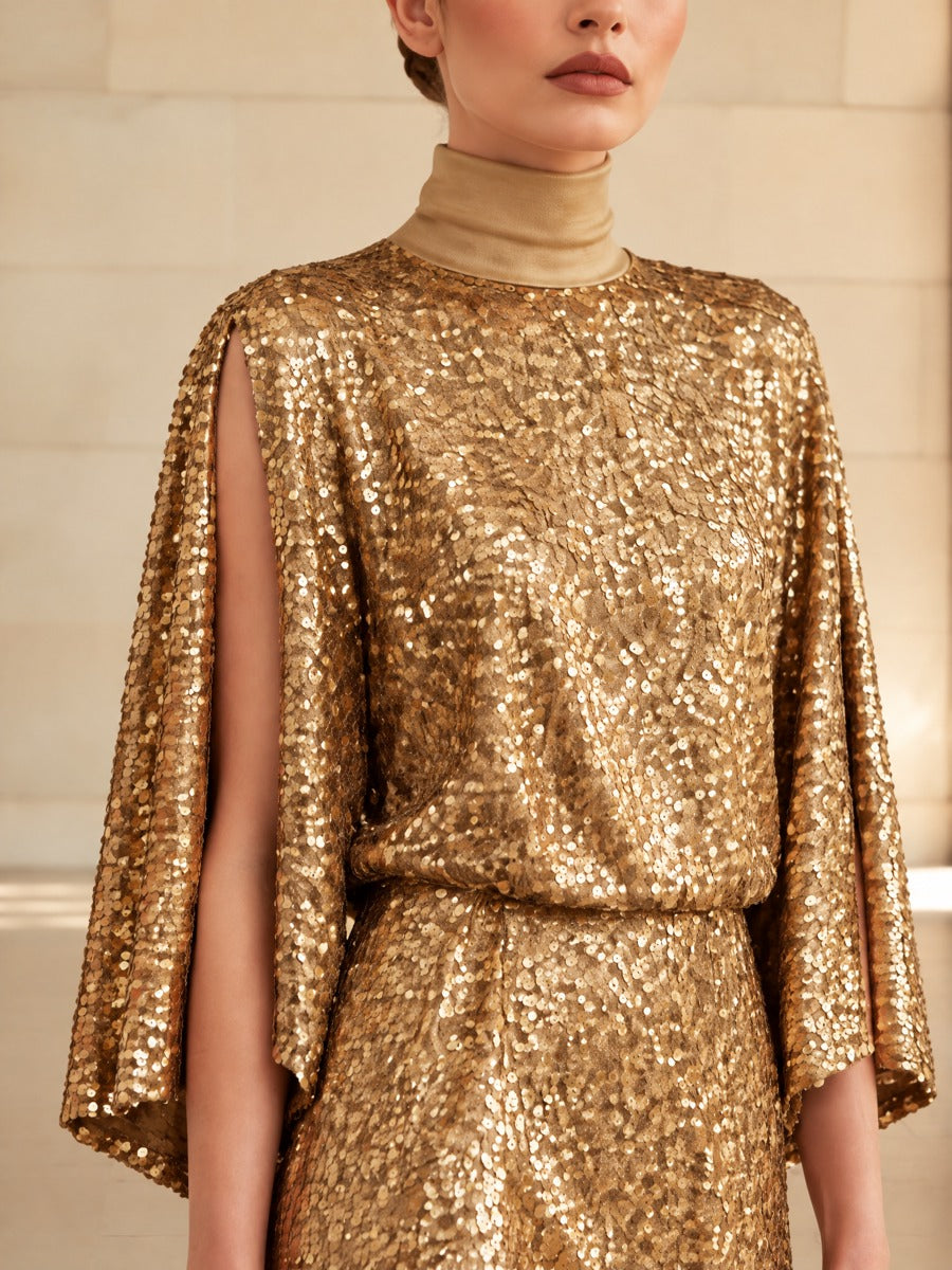 Women's Sequin Cape Sleeve Maxi Dress Gold Evening Gown