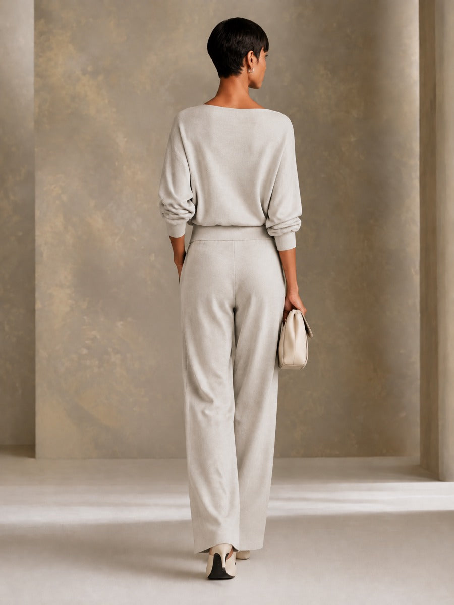 Women's Boat Neck Wide Leg Set Gray Office Outfit