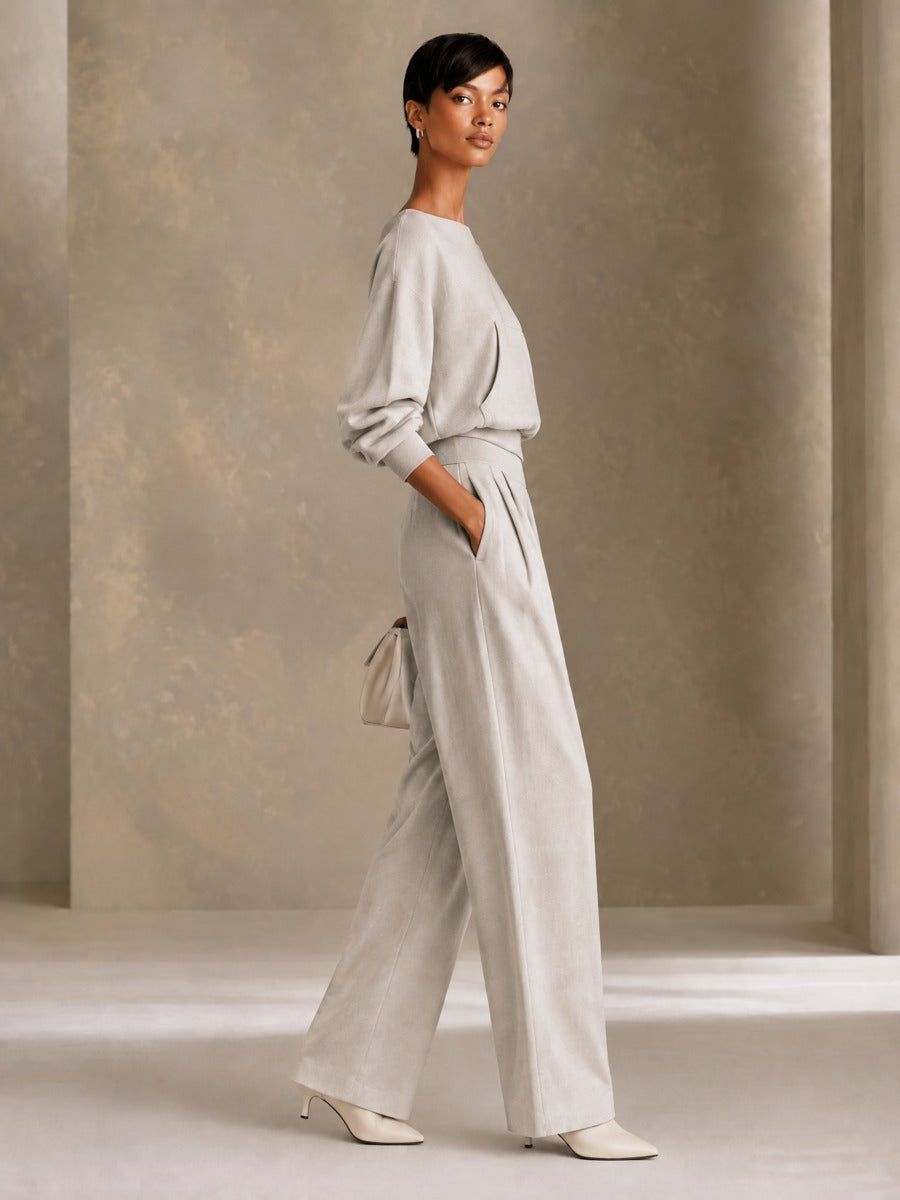 Women's Boat Neck Wide Leg Set Gray Office Outfit
