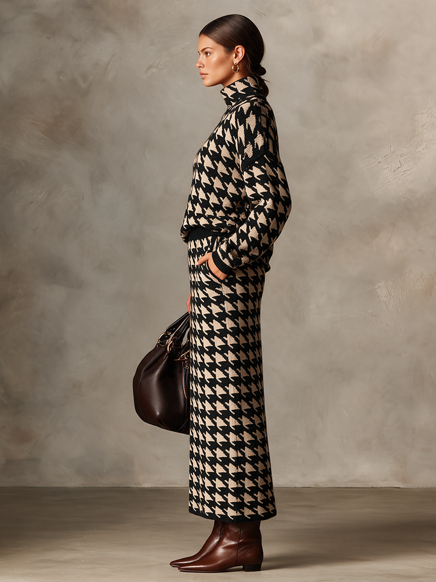 Women's Vintage Houndstooth Knit Maxi Dress