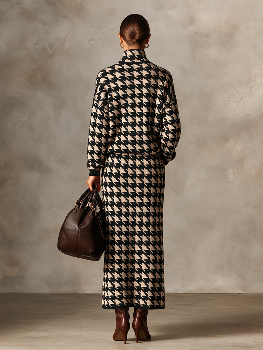 Women's Vintage Houndstooth Knit Maxi Dress