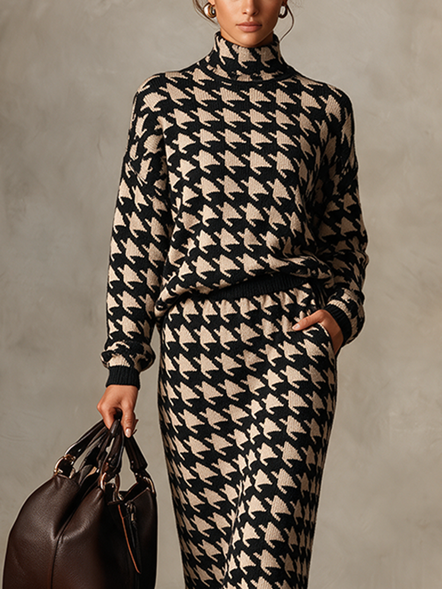 Women's Vintage Houndstooth Knit Maxi Dress