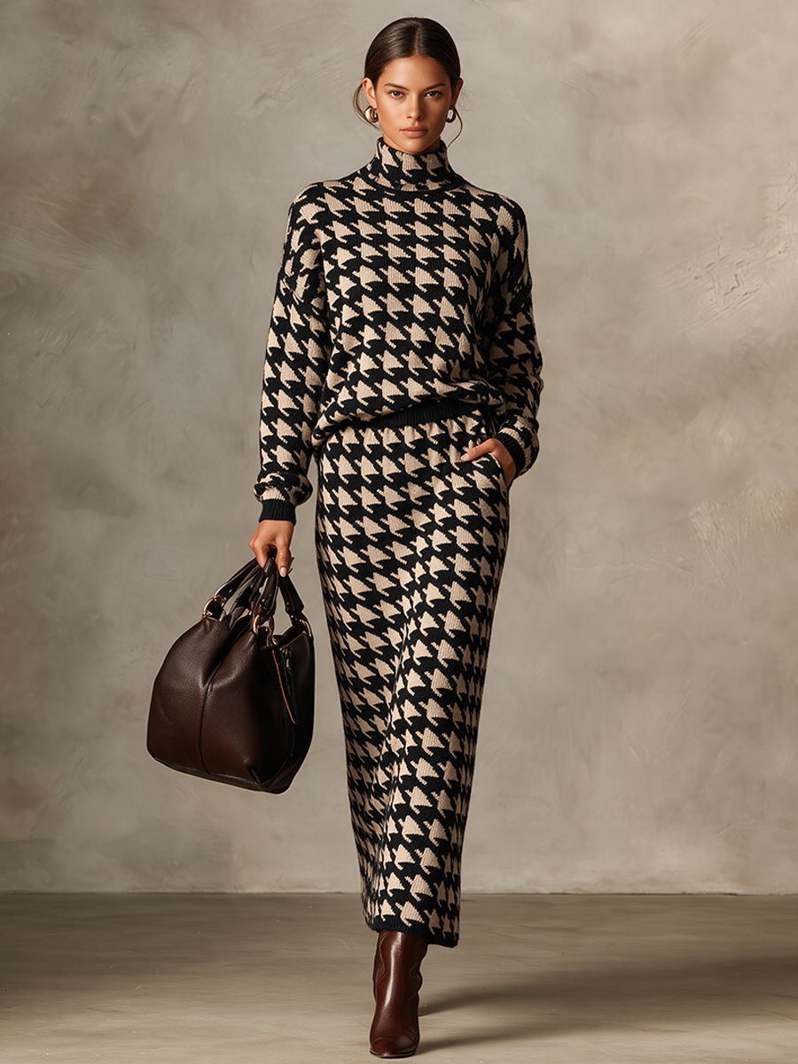 Women's Vintage Houndstooth Knit Maxi Dress