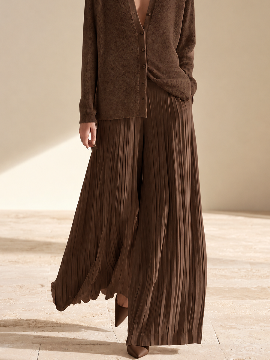 Women's Relaxed Knit Pleated Set Brown Office Wear