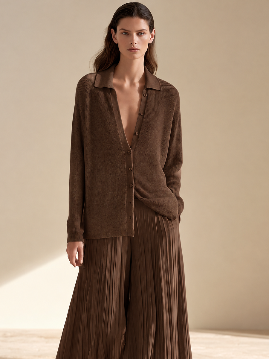 Women's Relaxed Knit Pleated Set Brown Office Wear