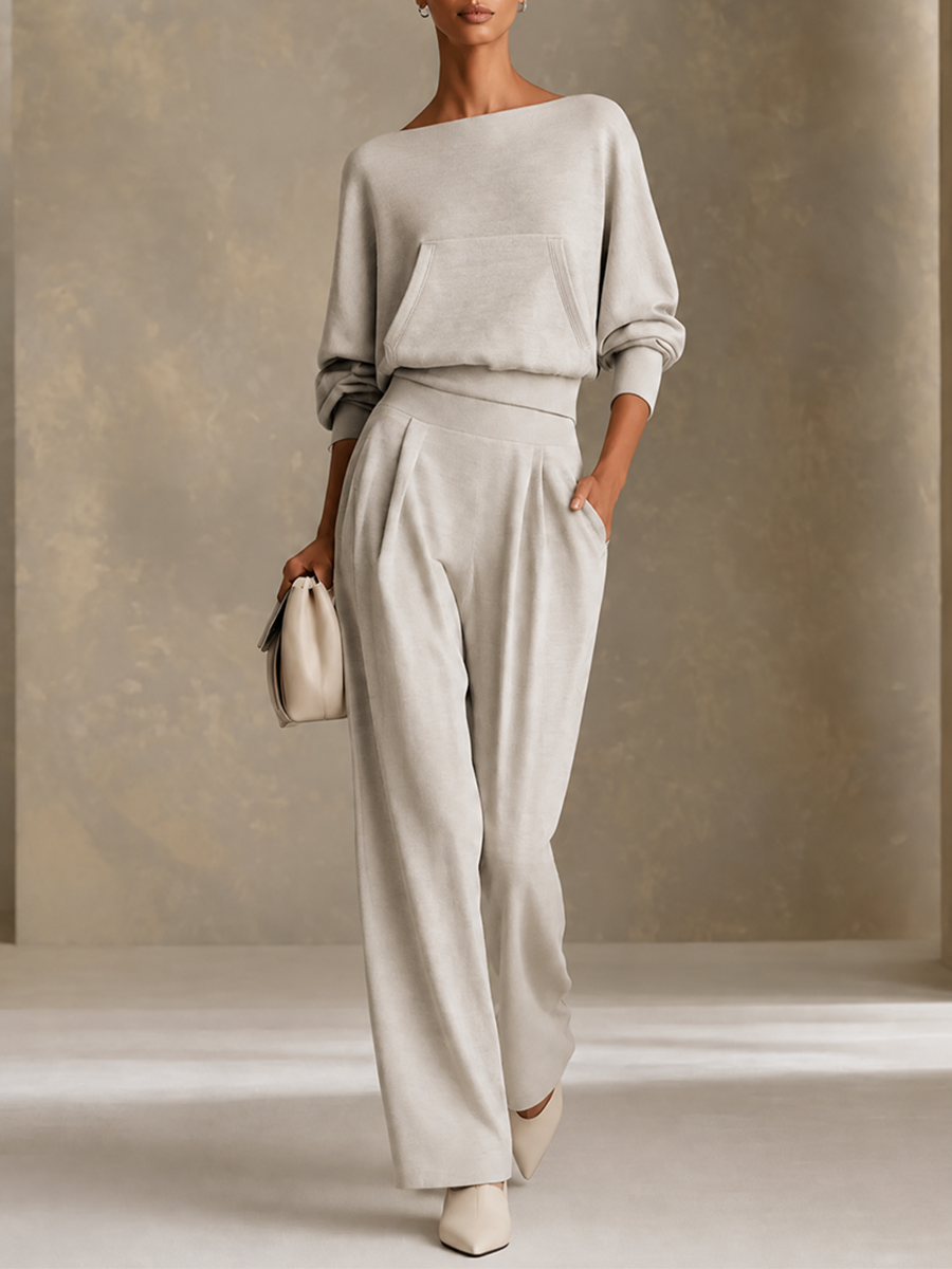 Women's Boat Neck Wide Leg Set Gray Office Outfit