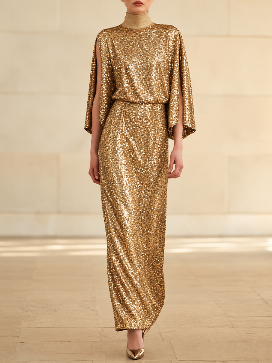 Women's Sequin Cape Sleeve Maxi Dress Gold Evening Gown