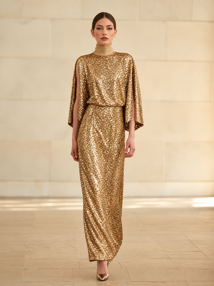 Women's Sequin Cape Sleeve Maxi Dress Gold Evening Gown