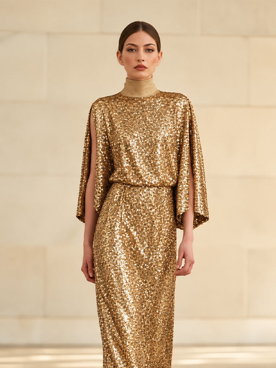 Women's Sequin Cape Sleeve Maxi Dress Gold Evening Gown
