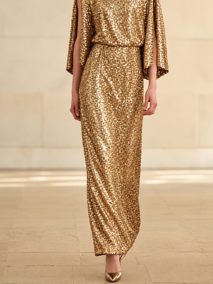Women's Sequin Cape Sleeve Maxi Dress Gold Evening Gown