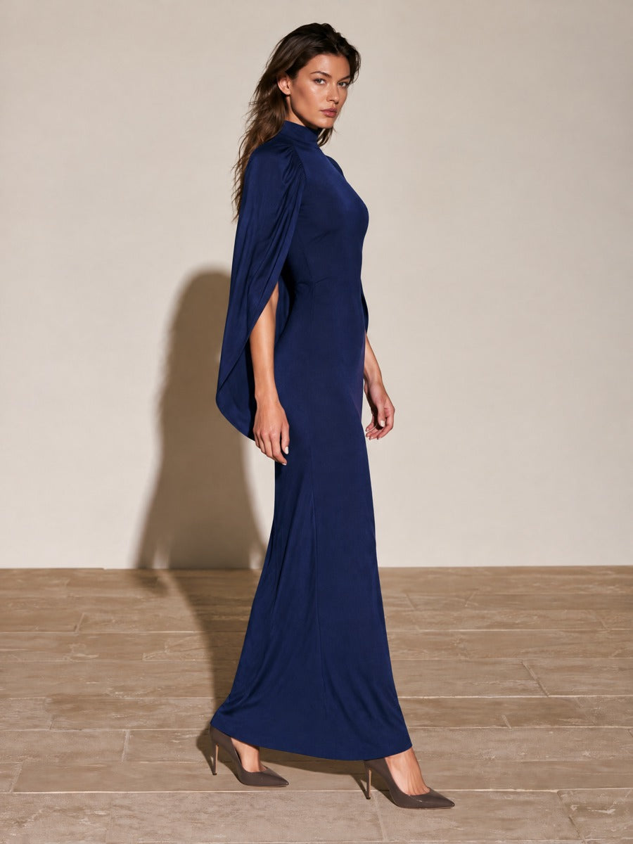 Women's Navy Blue Mock Neck Cape Sleeve Bodycon Maxi Dress