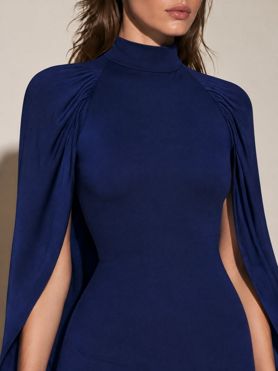Women's Navy Blue Mock Neck Cape Sleeve Bodycon Maxi Dress