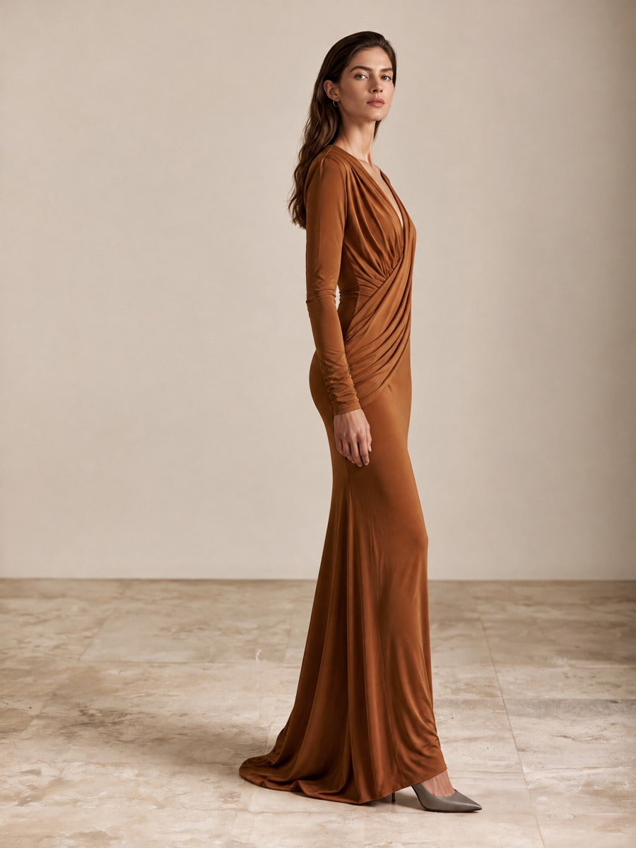 Women's Draped V-Neck Maxi Dress Caramel