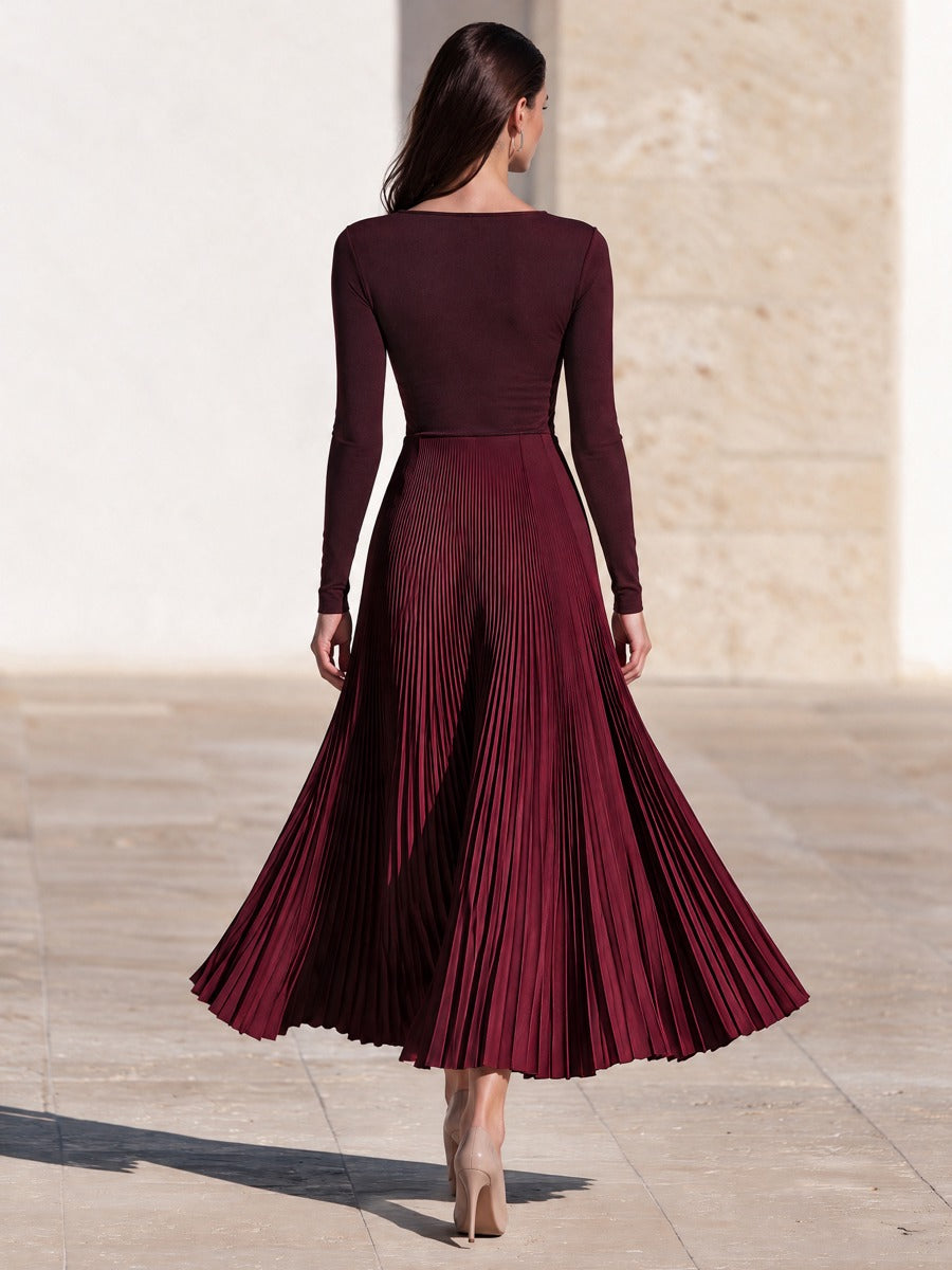 Women's Boat Neck Pleated Dress Burgundy Cocktail Attire
