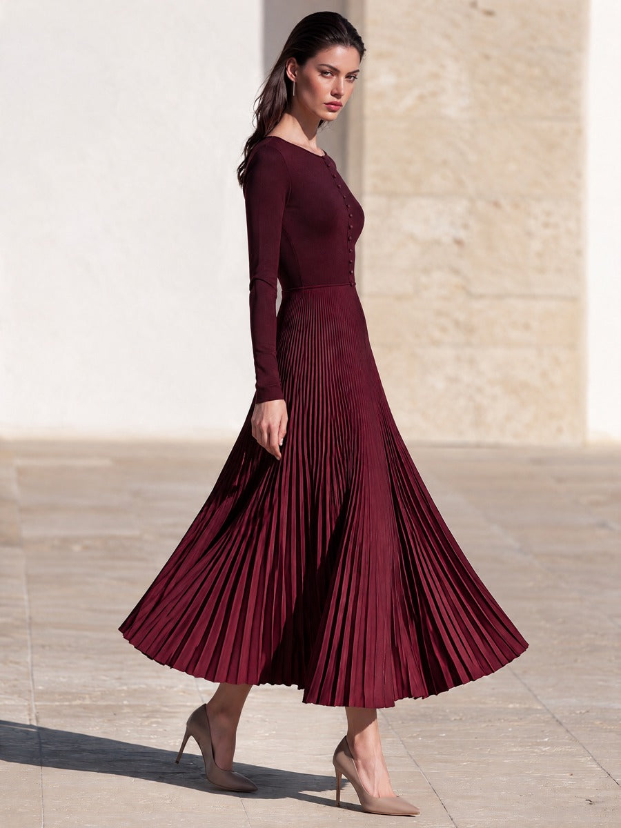 Women's Boat Neck Pleated Dress Burgundy Cocktail Attire