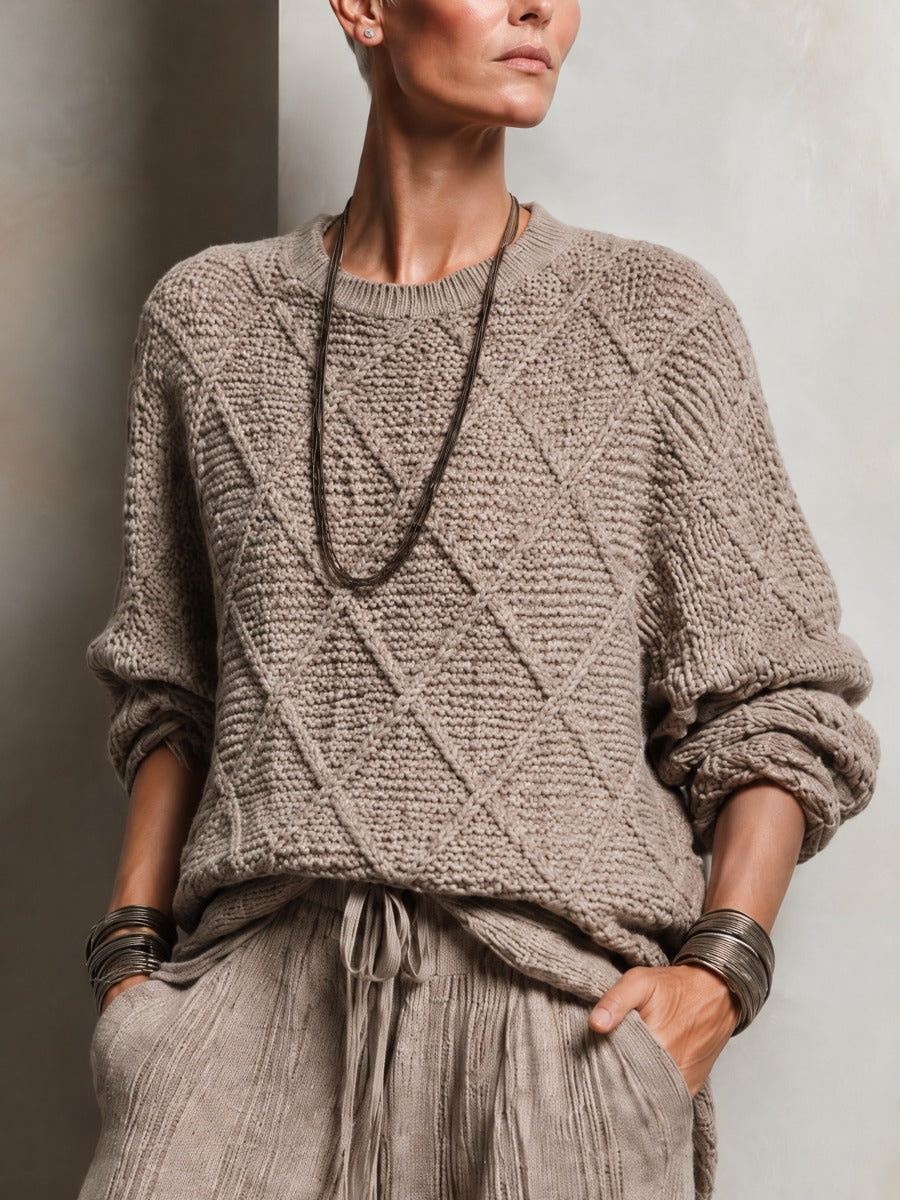 Women's Vintage Diamond-Pattern Crew-Neck Pullover