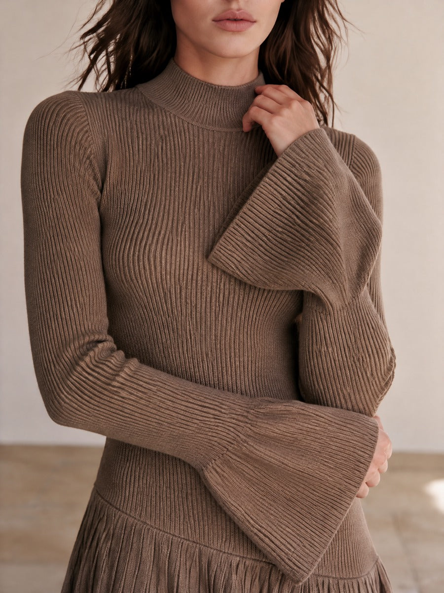Women's Flare Sleeve Knit Dress Taupe Office Wear