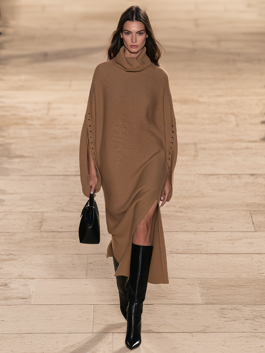 Women's Cowl Knit Maxi Dress Camel Office Outfit