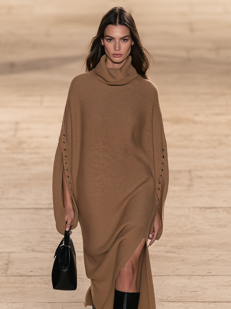 Women's Cowl Knit Maxi Dress Camel Office Outfit